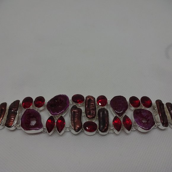 Gorgeous "PURPLE GEODE DRUZY, BIWA PEARL & RUBY" Handmade Sterling Bracelet 929 - Picture 1 of 3